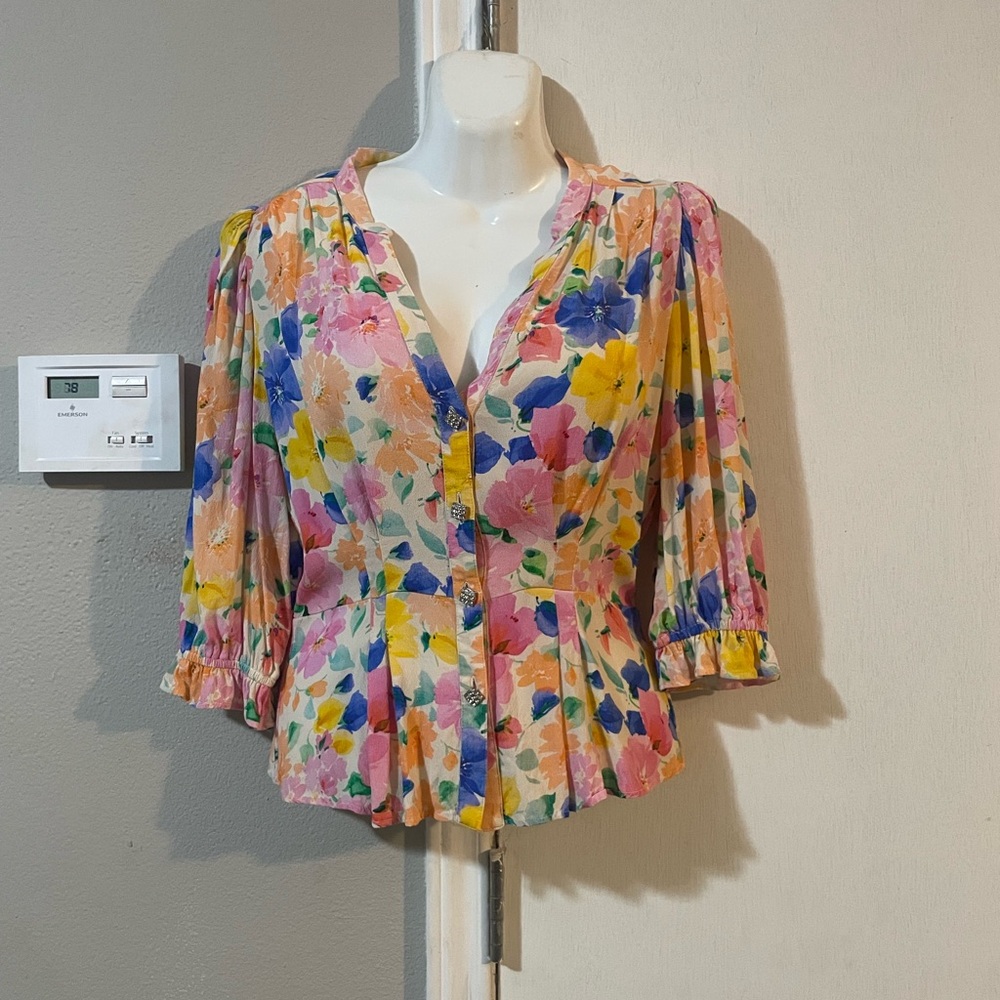 Zara Pink and Blue Flutter Sleeve Blouse with Peter Pan Collar